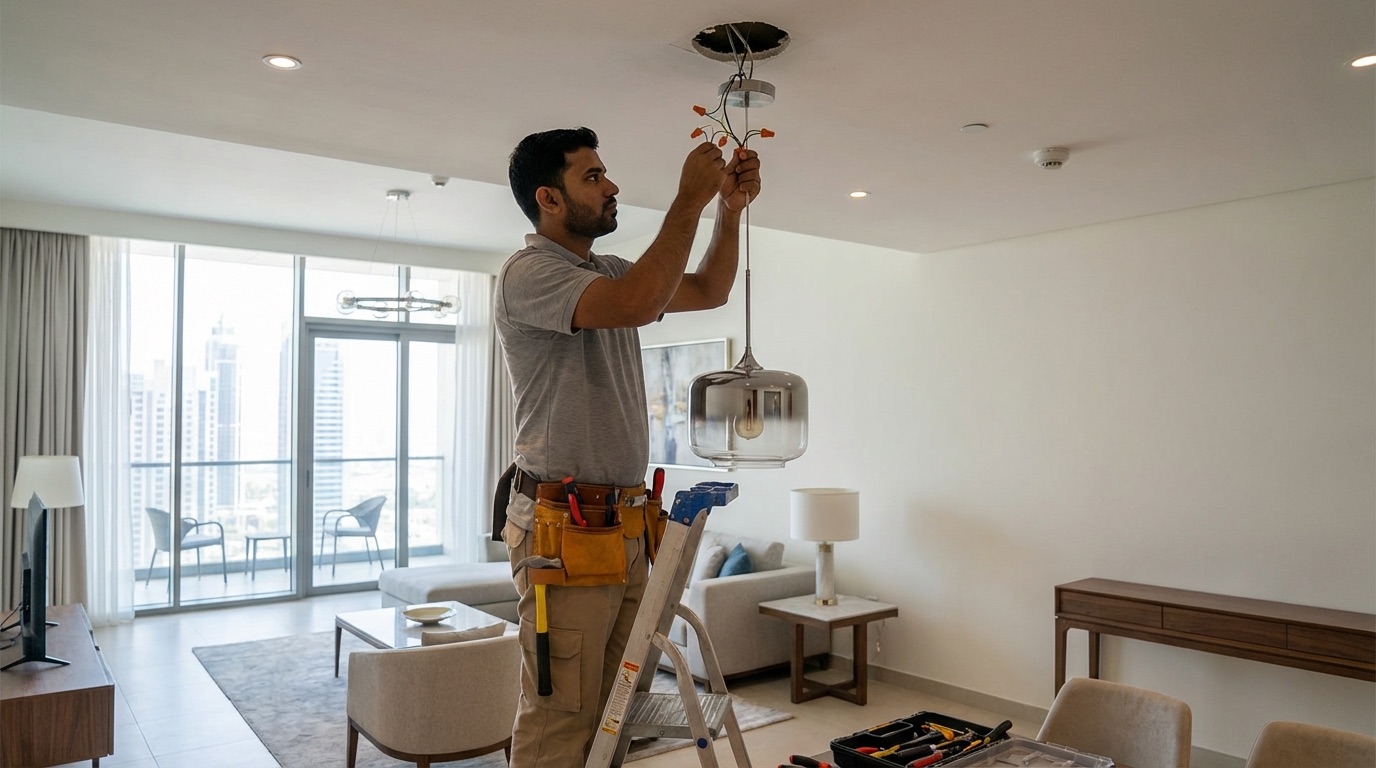 Electrician replacing light fixture in Dubai apartment