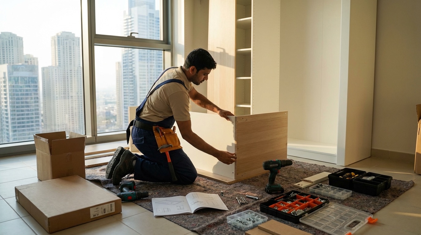 Handyman assembling furniture in Dubai apartment