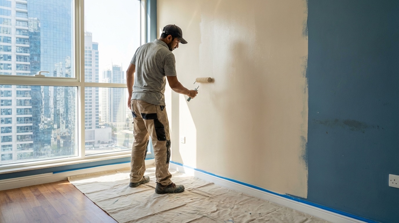 Professional handyman painting bedroom wall in Dubai