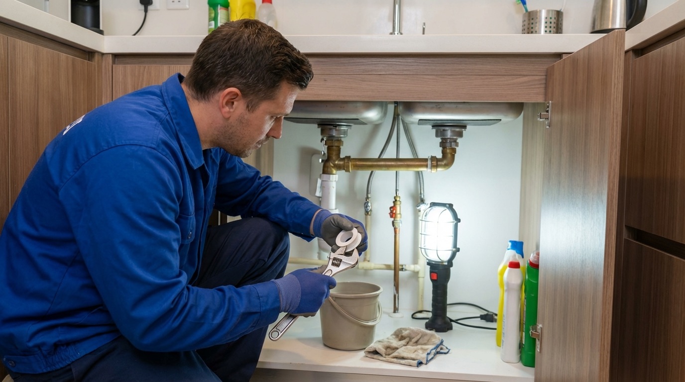 Handyman repairing kitchen faucet in Dubai home