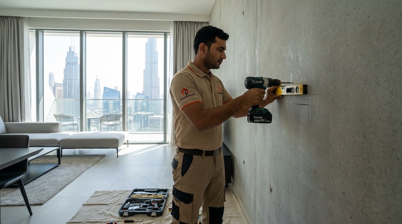 Professional handyman installing wall-mounted shelf in Dubai apartment