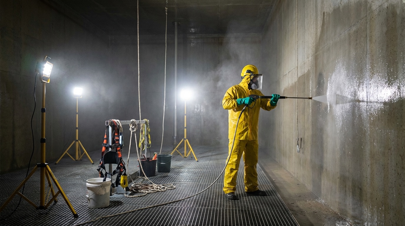 Professional worker pressure-washing inside of water tank
