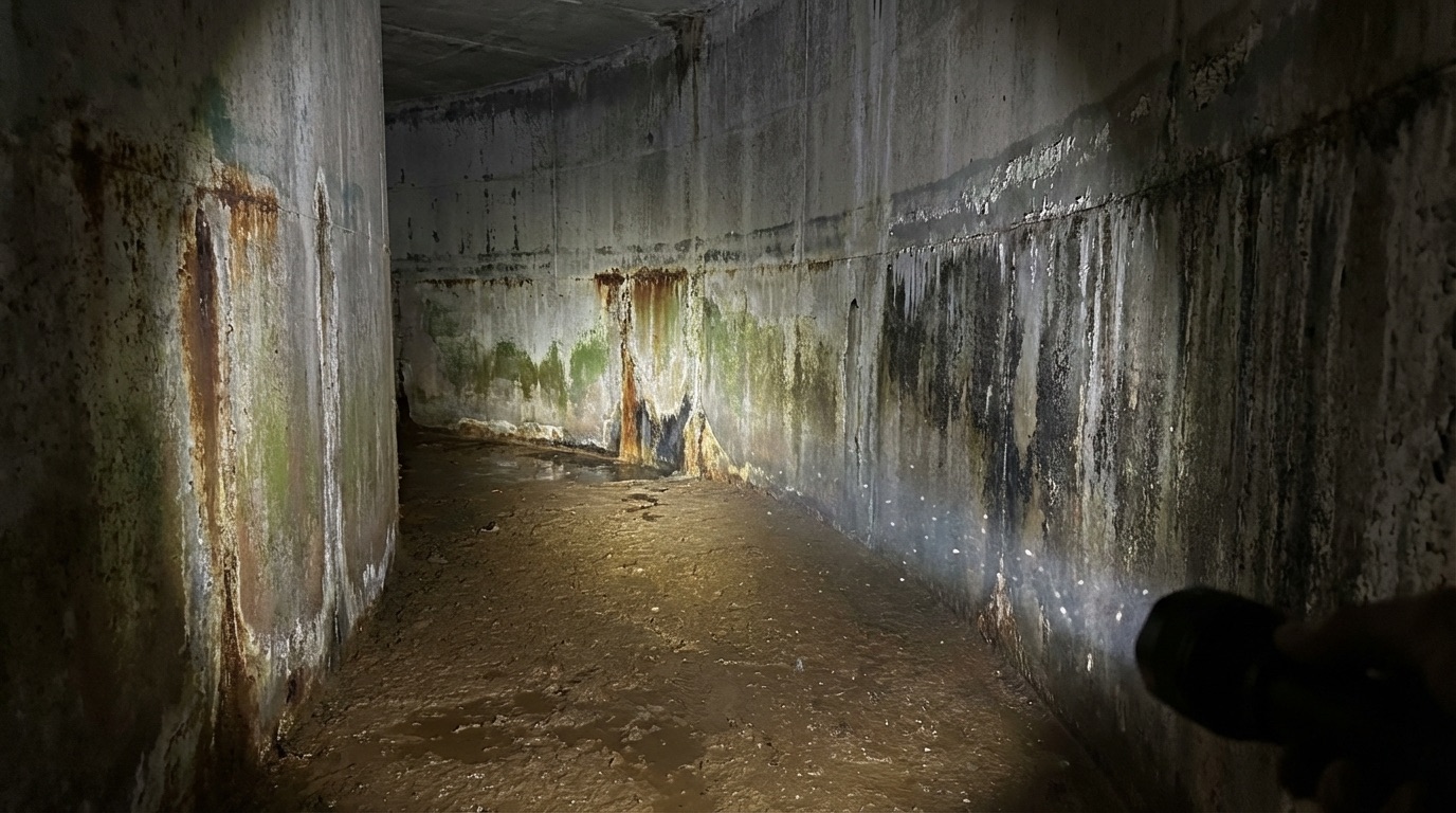 Dirty water tank interior showing sediment buildup in Dubai