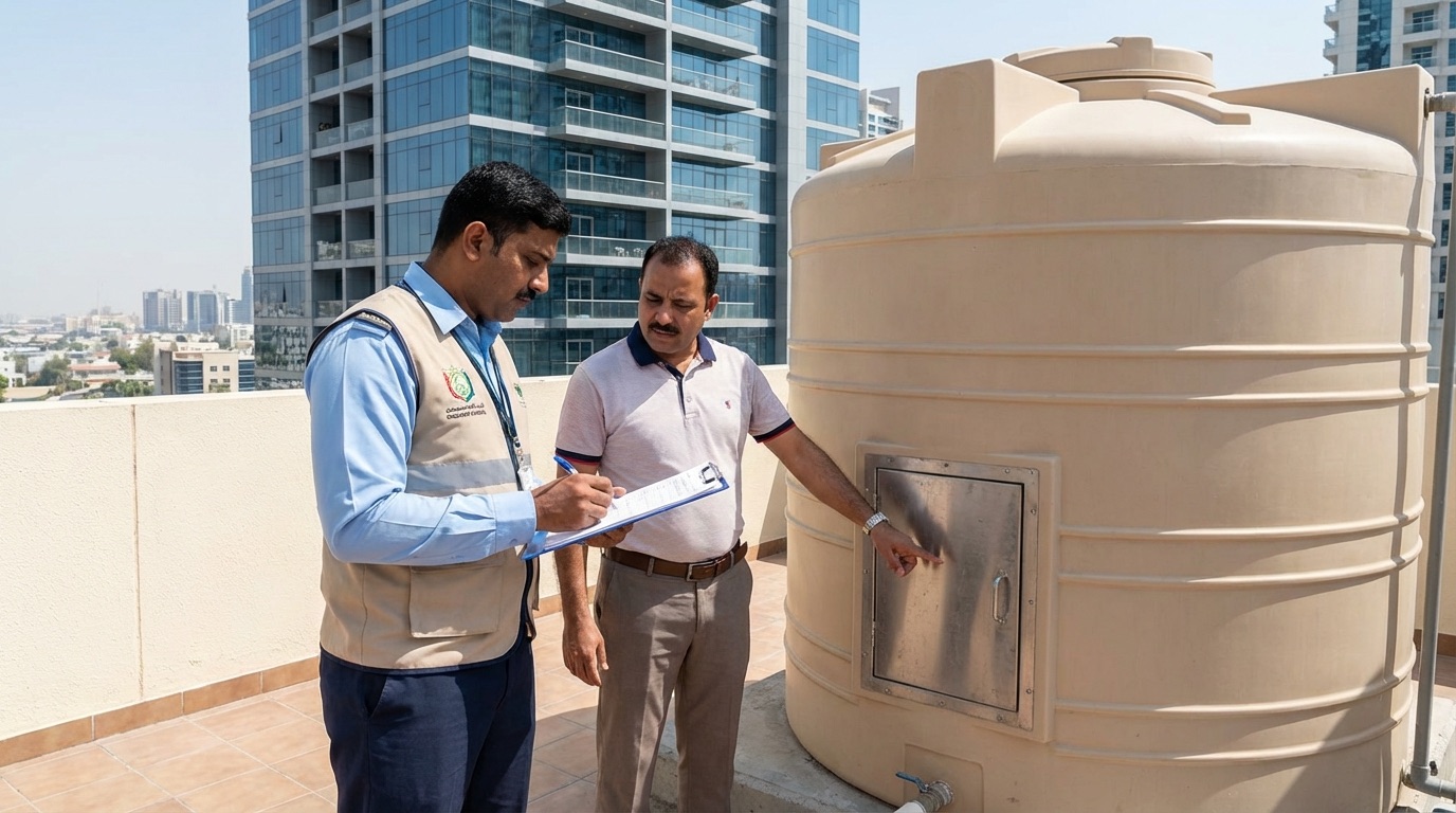 Dubai municipality inspector checking water quality certificate
