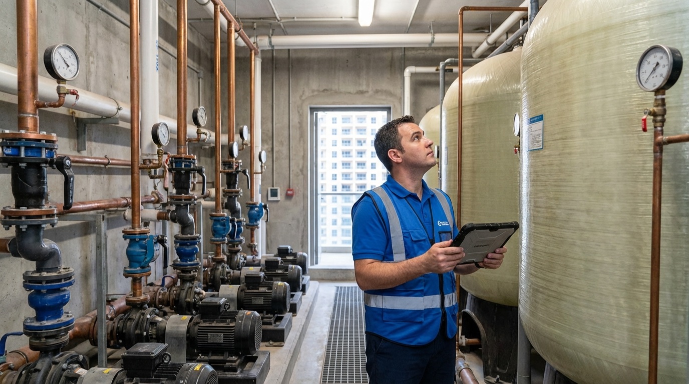 Property manager inspecting water tanks in Dubai building pump room