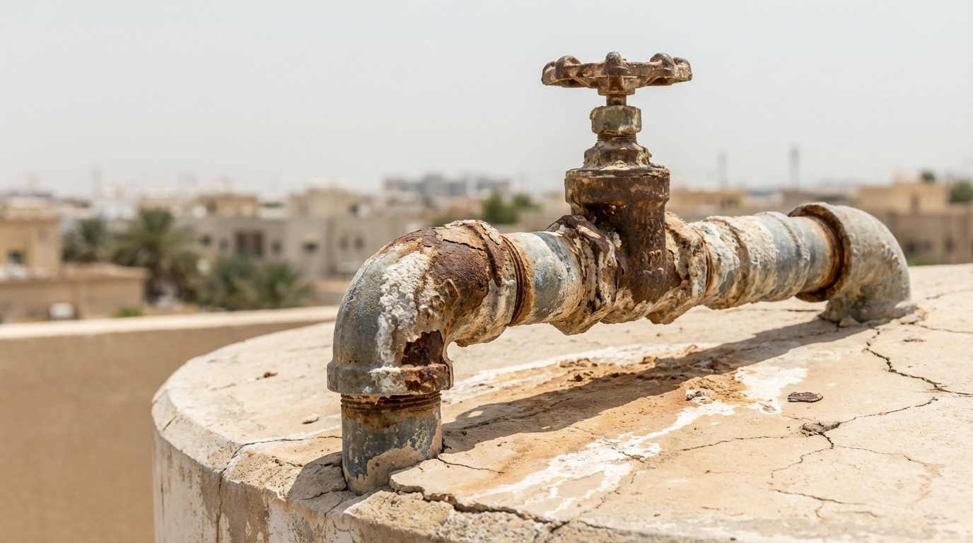 Rusty corroded water pipe fittings on Dubai villa water tank
