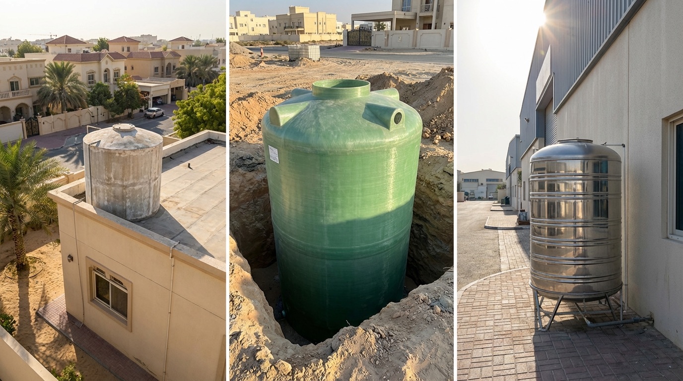 Different types of water storage tanks used in Dubai properties