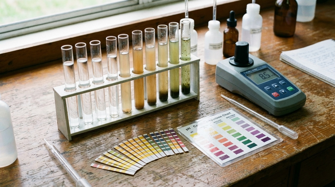 Water quality testing kit comparing clean and contaminated samples