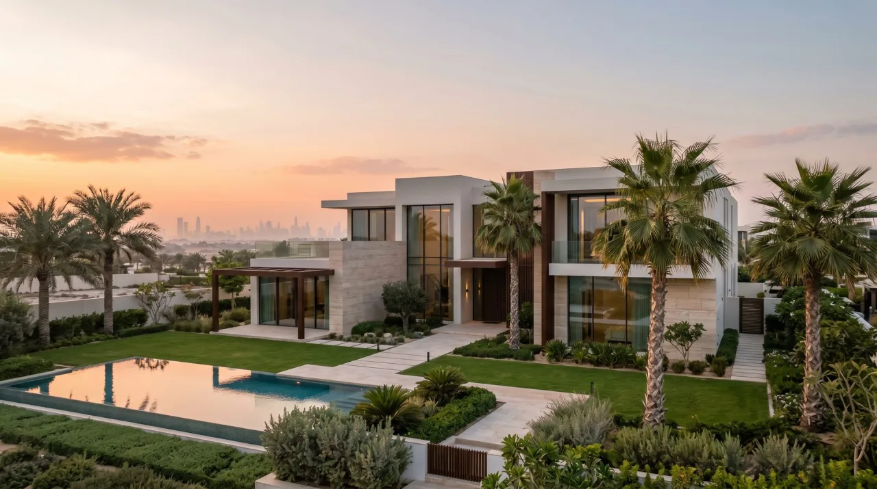 Dubai villa exterior at golden hour with Burj Khalifa skyline